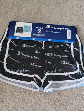 Champion Black Logo-Print Girls Athletic Shorts with White Trim 10/12